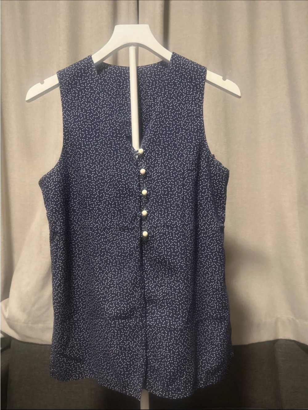 Navy Sleeveless Dot Top with Pearlescent Buttons